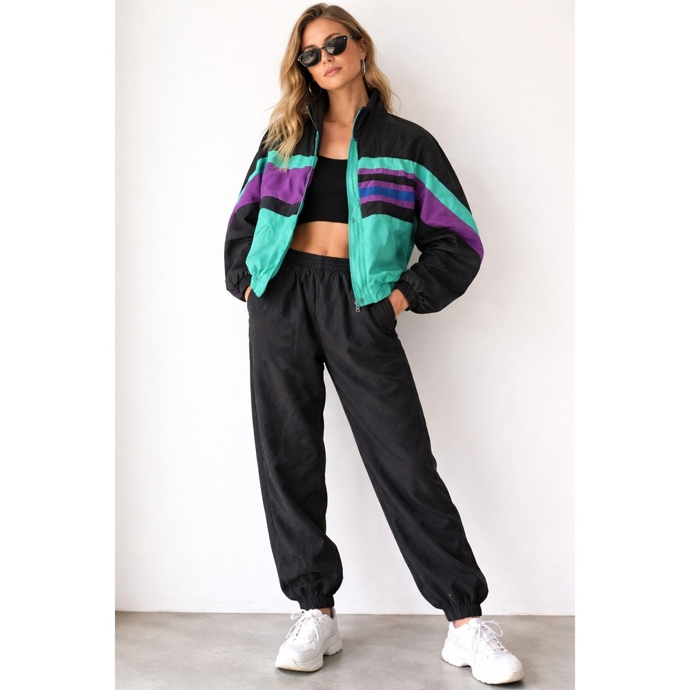 Peter Nygard Silk Wind Suit Set Small 90s Teal Purple Colorblock